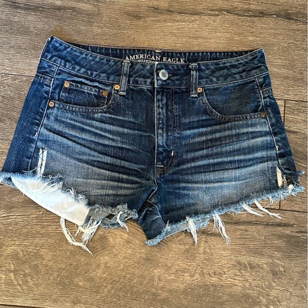 American Eagle Outfitters High Rise Festival Frayed Hem Slit Blue Denim Shorts 8